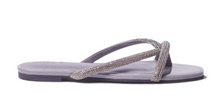 Load image into Gallery viewer, A single flat thong sandal with sparkling gray straps and a matching dark burgundy sole, shown in profile against a white background.