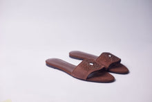Load image into Gallery viewer, A pair of brown suede slide sandals with rhinestone-embellished straps, photographed on a plain light gray background.
