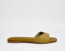 Load image into Gallery viewer, MALIKA - Olive coloured comfortable woven-effect slipppers for ladies.Very durable, made with high quality sole. Perfect for brunch, lunch, errands etc. shipping worldwide from Ghana to UK, USA, Africa etc.