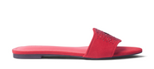 Load image into Gallery viewer, A red slide sandal with a studded strap, shown in a side profile view against a white background.